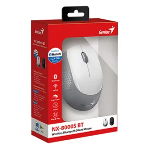 Genius Myš NX-8000S BT, 1200DPI, Bluetooth a 2,4GHz, optická, 3tl., bezdrátová, bílo-šedá, Blue-Eye senzor, symetrická
