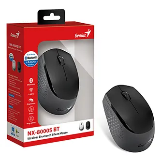 Genius Myš NX-8000S BT, 1200DPI, Bluetooth a 2,4GHz, optická, 3tl., bezdrátová, černá-šedá, Blue-Eye senzor, symetrická