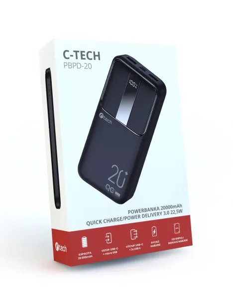 Powerbanka C-tech 20000mAh, Li-Pol, 22,5W, USB-C/USB-A/micro USB