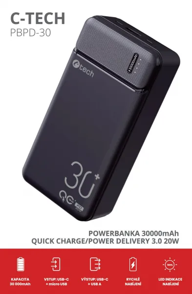 Powerbanka C-tech 30000mAh, Li-Pol, 20W, USB-C/USB-A/micro USB