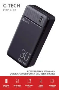Powerbanka C-tech 30000mAh, Li-Pol, 20W, USB-C/USB-A/micro USB