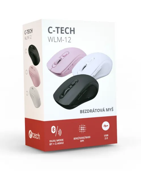 Myš C-TECH WLM-12 Dual mode, bezdrátová, BT5.0 + 2,4GHz, 1600DPI, 6 tlačítek, USB nano receiver, černá
