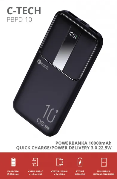 Powerbanka C-tech 10000mAh, Li-Pol, 22,5W, USB-C/USB-A/micro USB