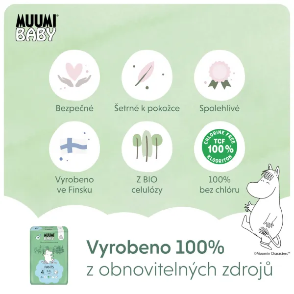 MUUMI Baby Pants 4 Maxi 7-11 kg (120 ks), mesačné balenie nohavičkových eko plienok