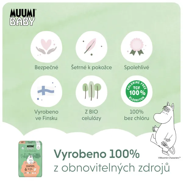 MUUMI Baby 6 Junior 12-24 kg (108 ks), mesačné balenie eko plienok