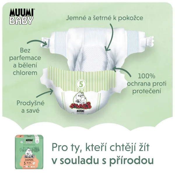 MUUMI Baby 5 Maxi+ 10-16 kg (132 ks), mesačné balenie eko plienok