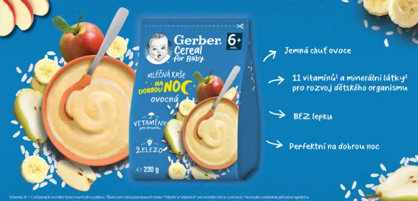 GERBER Kaša mliečna cereal ovocná Dobrú noc 230 g