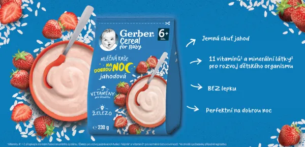 GERBER Kaša mliečna cereal jahodová Dobrú noc 230 g