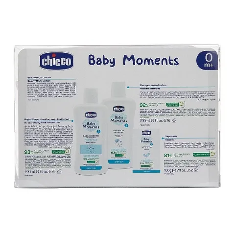 Chicco Baby Moments tuhé mydlo na ruky 100 g + detský šampón na vlasy 200 ml + šampón na celé telo pre deti 200 ml + kozmetická taška darčeková sada,C