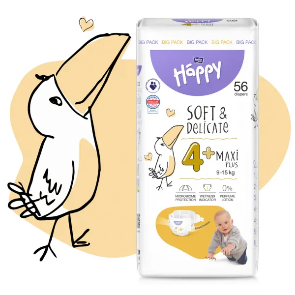 BELLA Baby Happy Soft&Delicate Size 4+ Maxi Plus jednorazové plienky 9-15 kg 56 ks