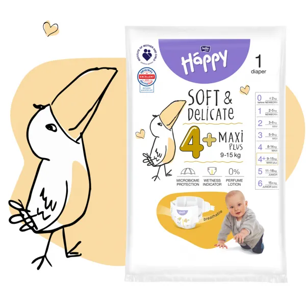 BELLA Baby Happy Soft&Delicate Size 4+ Maxi Plus jednorazové plienky 9-15 kg 56 ks