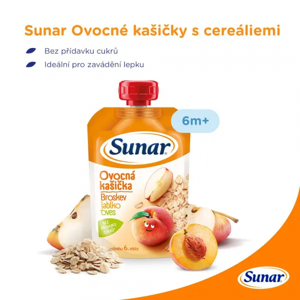 SUNAR broskyňa jablko ovsené vločky 120 g,SUNAR Kapsička Ovocná kašička broskyňa, jablko, ovsené vločky 120 g