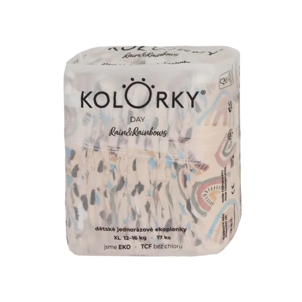 KOLORKY DAY déšť a duhy XL 12-16 kg 17 ks,KOLORKY DAY Plienky jednorazové eko, dážď&dúhy XL (12-16 kg) 17 ks
