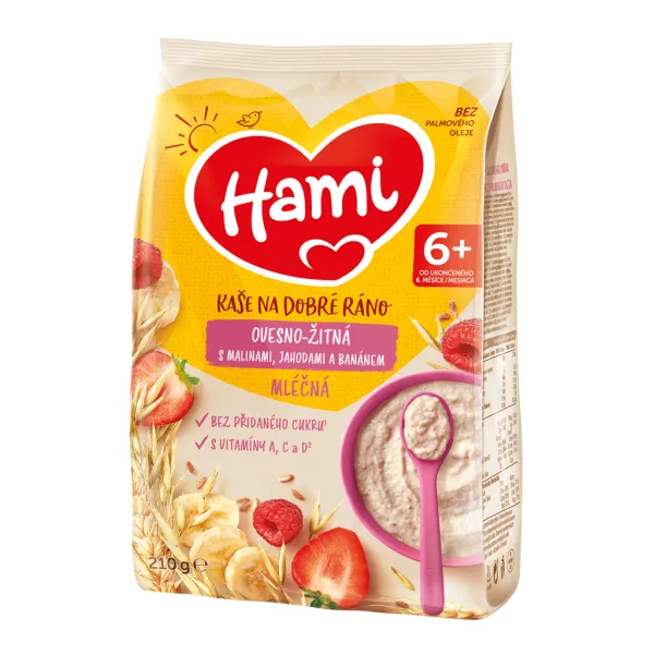 HAMI Kaša mliečna ovseno-žitná s banánom, jahodami a malinami 210 g