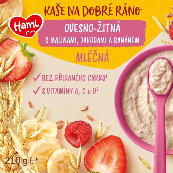 HAMI Kaša mliečna ovseno-žitná s banánom, jahodami a malinami 210 g