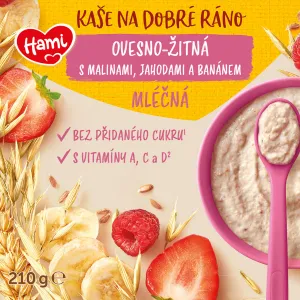 HAMI Kaša mliečna ovseno-žitná s banánom, jahodami a malinami 210 g
