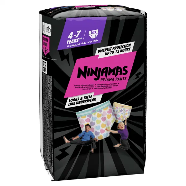 NINJAMAS Nohavičky plienkové Pyjama Pants Srdiečka, 10 ks, 7 rokov, 17kg-30kg
