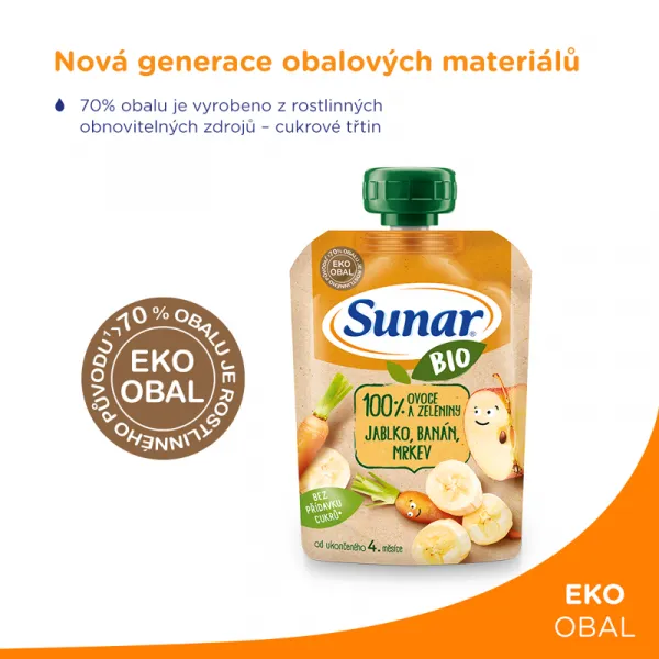 Sunar Bio kapsička jablko banán mrkev 100g,SUNAR BIO ovocná kapsička jablko, banán, mrkva 4m+, 100 g