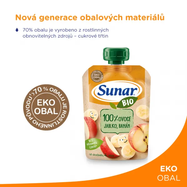 Sunar Bio kapsička jablko banán 100g,SUNAR BIO ovocná kapsička jablko, banán 4m+, 100 g