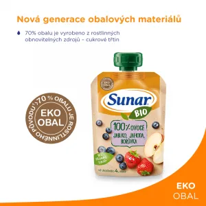 Sunar Bio kapsička jablko jahoda borůvka 100g,SUNAR BIO ovocná kapsička jablko, jahoda, čučoriedka 4m+, 100 g