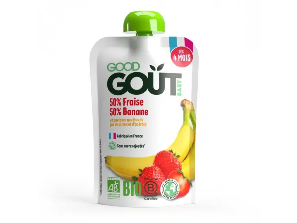 GOOD GOUT BIO Ovocné pyré bez lepku Jahoda a banán 120g - ovocný príkrm