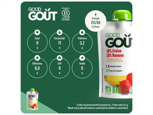 GOOD GOUT BIO Ovocné pyré bez lepku Jahoda a banán 120g - ovocný príkrm