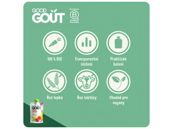 GOOD GOUT BIO Ovocné pyré bez lepku Jahoda a banán 120g - ovocný príkrm