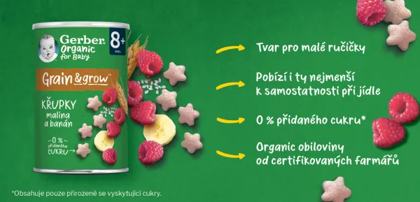GERBER Organic chrumky s malinami a banánom 35 g,GERBER Organic chrumky s malinami a banánom 35 g​
