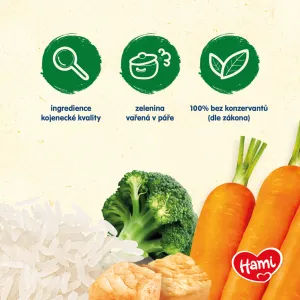HAMI Príkrm mäsovo-zeleninový Vývar so zeleninou, ryžou a teľacím od uk. 8. mesiaca 200g