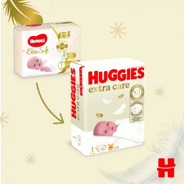 HUGGIES Elite Soft 1 3-5 kg 26 ks,HUGGIES® Extra care Plienky jednorazové 1 (2-5 kg) 26 ks