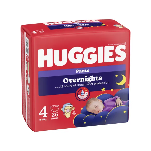 HUGGIES® Nohavičky plienkové nočné Overnights Pants vel. 4 (9-14 kg), 26 kusů