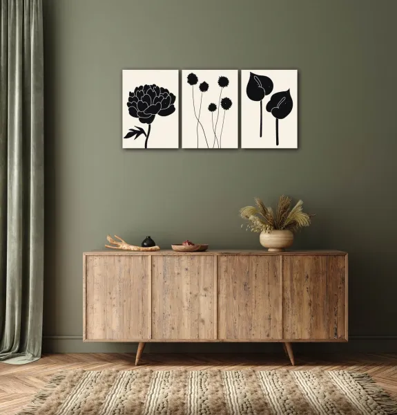Impresi Obraz Kvety čierne - 150 x 70 cm (3 dielny)