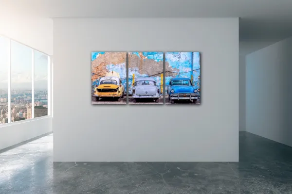 Impresi Obraz Stará modrá auta - 120 x 60 cm (3 dielný)