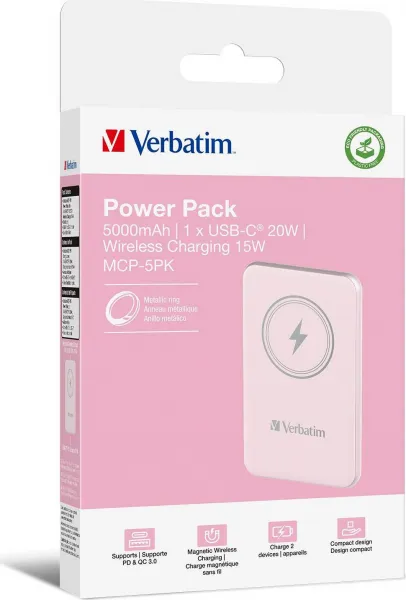 VERBATIM Powerbanka Charge 'n' Go, Magnetická, 5000 mAh, USB-C, Růžová
