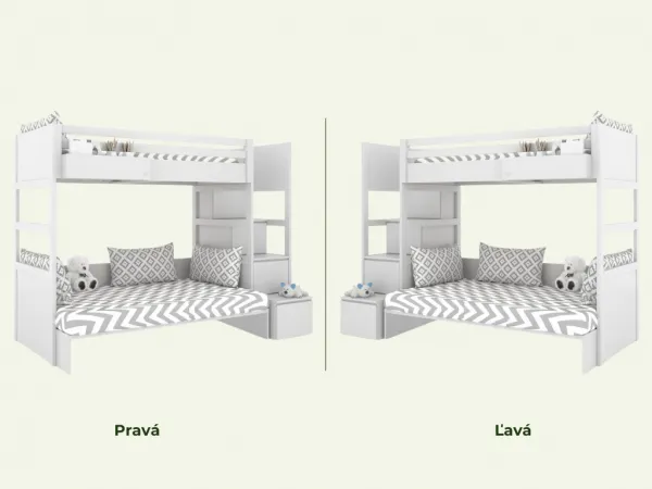 Biela poschodová posteľ s dvoma lôžkami SIMONE s úložnými schodmi a policou 90x200 cm, 120x200 cm Zvoľte šuplík: Bez šuplíka, Zvoľte stranu: Vpravo