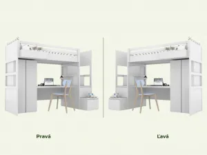 Biela vyvýšená posteľ SIMONE s úložnými schodmi, skriňou, písacím stolom a policou 90x200 cm Zvoľte stranu: Vpravo