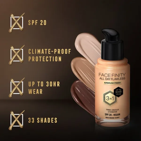 Max Factor Facefinity All Day Flawless dlhotrvajúci make-up SPF 20 odtieň 44 Warm Ivory 30 ml