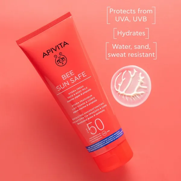 Apivita Bee Sun Safe Hydra Fresh Milk SPF50 opaľovacie mlieko na tvár a telo SPF 50 100 ml