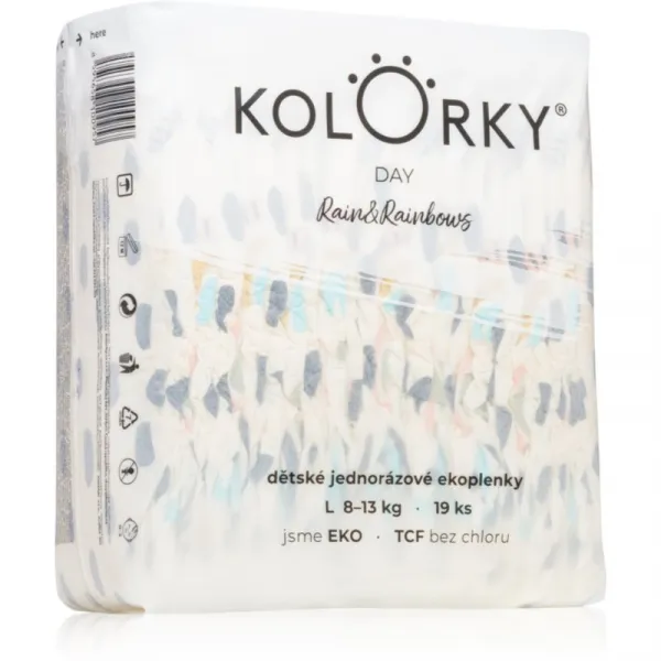 KOLORKY DAY Plienky jednorazové eko, dážď&dúhy L (8-13 kg) 19 ks
