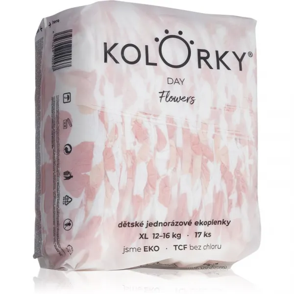 KOLORKY DAY kvety XL 12-16 kg 17 ks,KOLORKY DAY Plienky jednorazové eko, kvety XL (12-16 kg) 17 ks