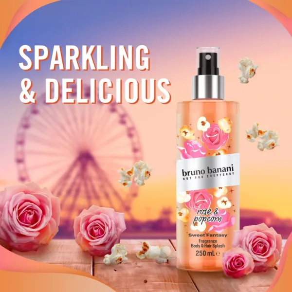 Bruno Banani Sweet Fantasy Rose & Popcorn parfémovaný telový sprej na telo a vlasy pre ženy 250 ml