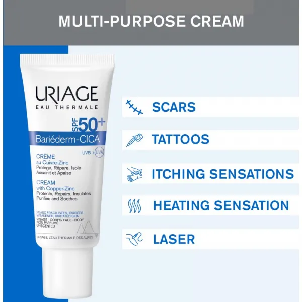 Uriage Bariéderm Cica-Cream with Copper-Zinc SPF 50+ reparačný krém s obsahom medi a zinku SPF 50+ 40 ml