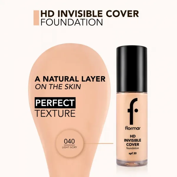 flormar HD Invisible Cover Foundation ľahký make-up s rozjasňujúcim účinkom SPF 30 odtieň 040 Light Ivory 30 ml