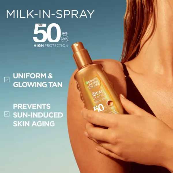Garnier Ambre Solaire Ideal Bronze opaľovacie mlieko v spreji na telo SPF 50 150 ml