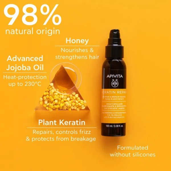 Apivita Keratin Repair Nourish Repair Hair Oil olej na vlasy pre suché a poškodené vlasy 100 ml