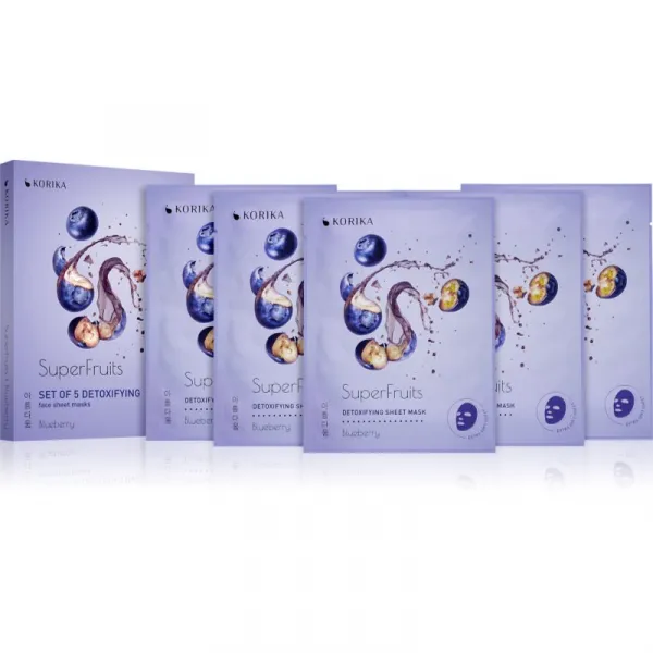 KORIKA SuperFruits Blueberry - Set of 5 Detoxifying Face Sheet Masks set pleťových masiek za zvýhodnenú cenu s detoxikačným účinkom Blueberry