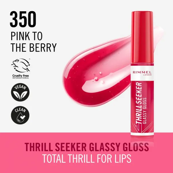 Rimmel Thrill Seeker Glassy Gloss lesk na pery pre väčší objem odtieň 350 Pink to the Berry 10 ml