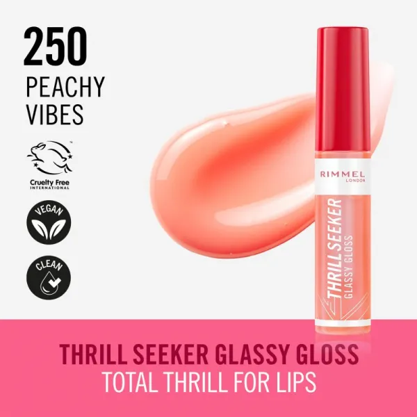 Rimmel Thrill Seeker Glassy Gloss lesk na pery pre väčší objem odtieň 250 Peachy Vibes 10 ml