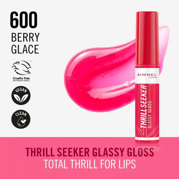 Rimmel Thrill Seeker Glassy Gloss lesk na pery pre väčší objem odtieň 600 Berry Glace 10 ml