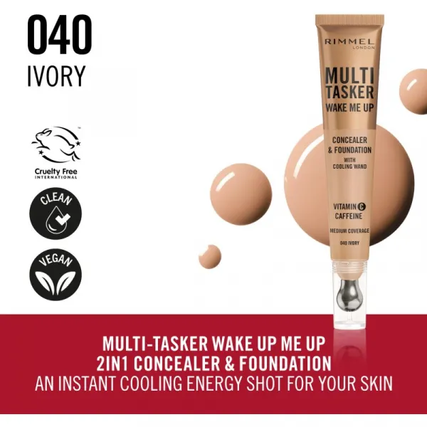 Rimmel Multi-Tasker Wake Me Up make-up a korektor pre rozjasnenie pleti odtieň 40 Ivory 20 ml